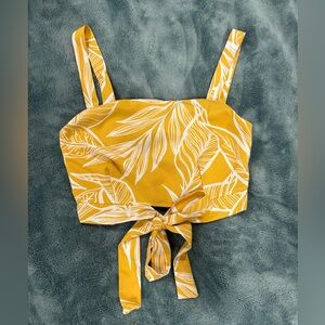 FAVLUX Yellow Leaf Print Tie-front Crop Tank Top